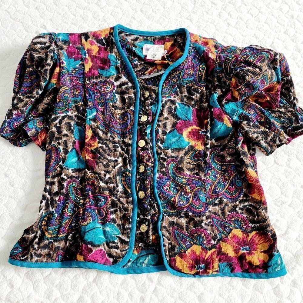 Vintage 1970s blouse button paisley floral leopard print 6 8 - Picture 3 of 11